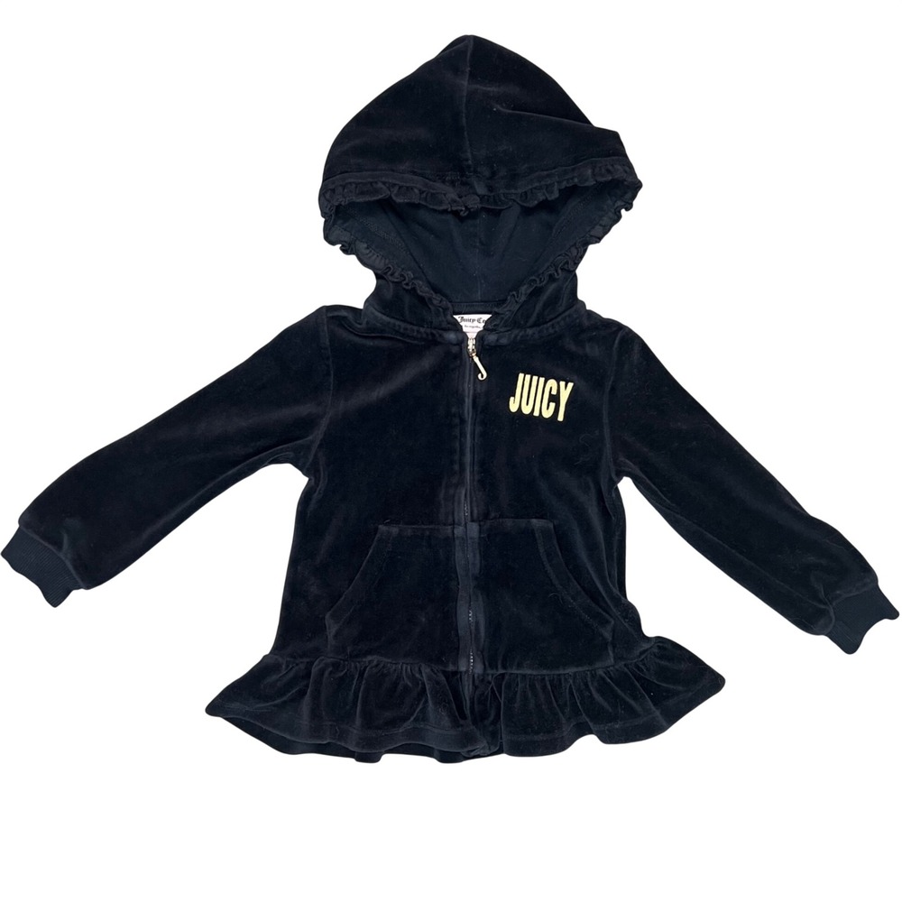 Kids Juicy Couture Black Velour Hoodie Jacket Ruffle Trim Gold Heart Logo 3T‎